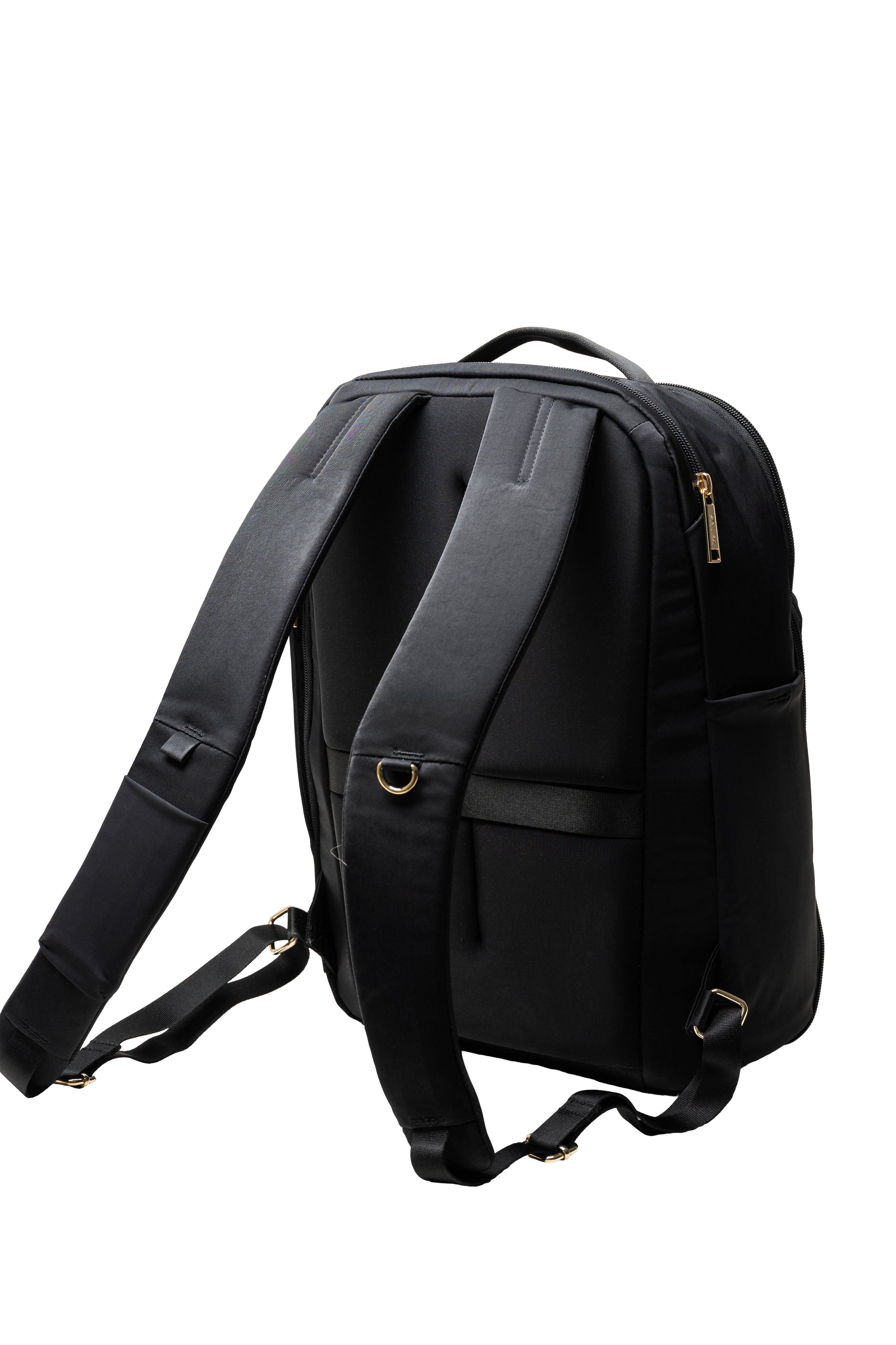back view of sojura adella travel backpack for women with S curve straps, trolley pass through and strap loops
