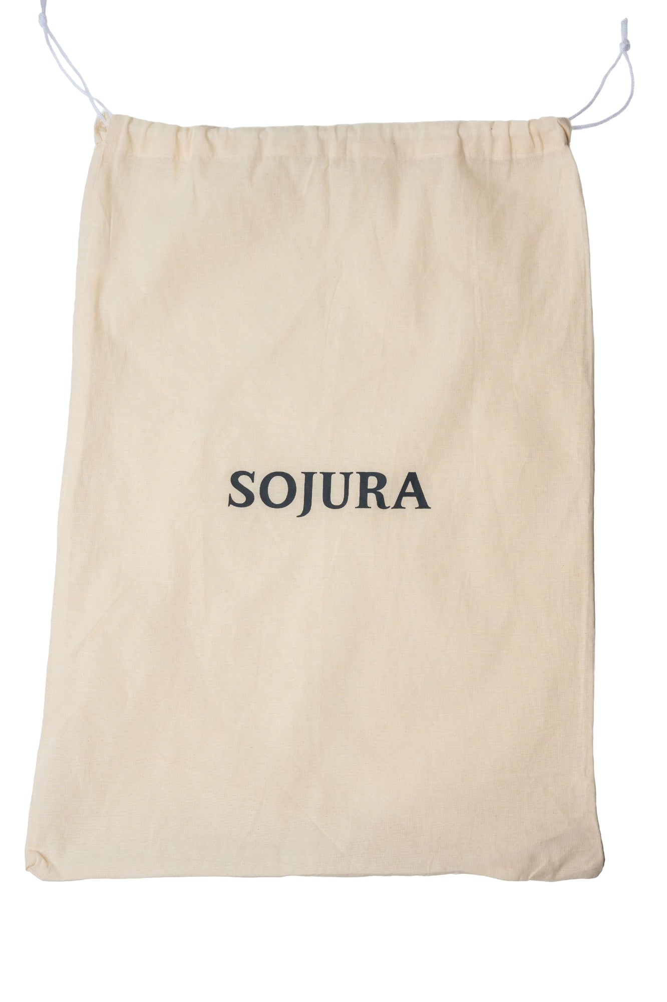 off white drawstring bag with black sojura logo in the center