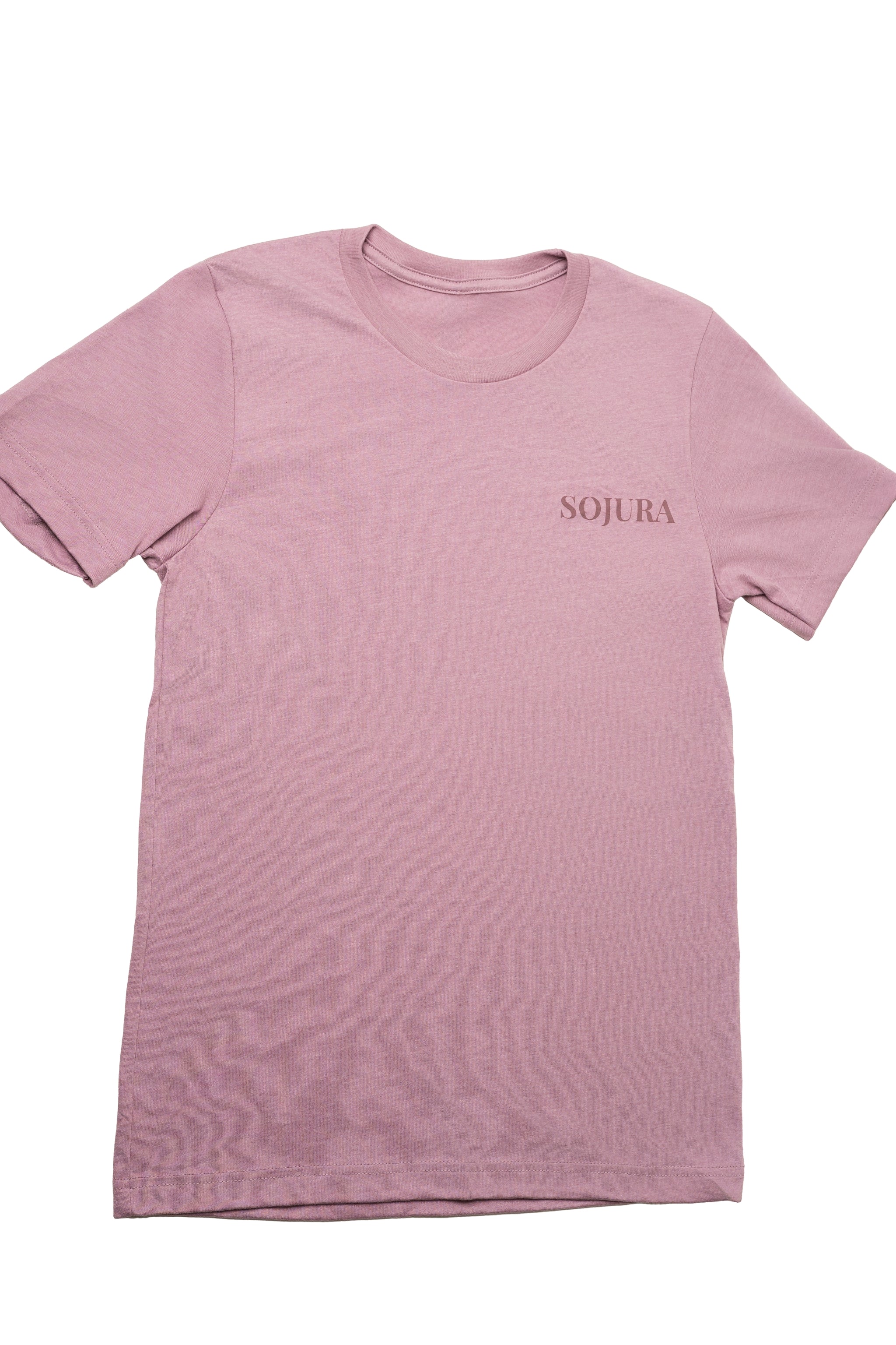 front of an orchid pink t-shirt with sojura logo on the left breast