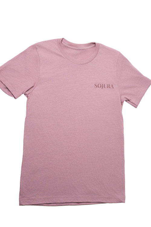 front of an orchid pink t-shirt with sojura logo on the left breast