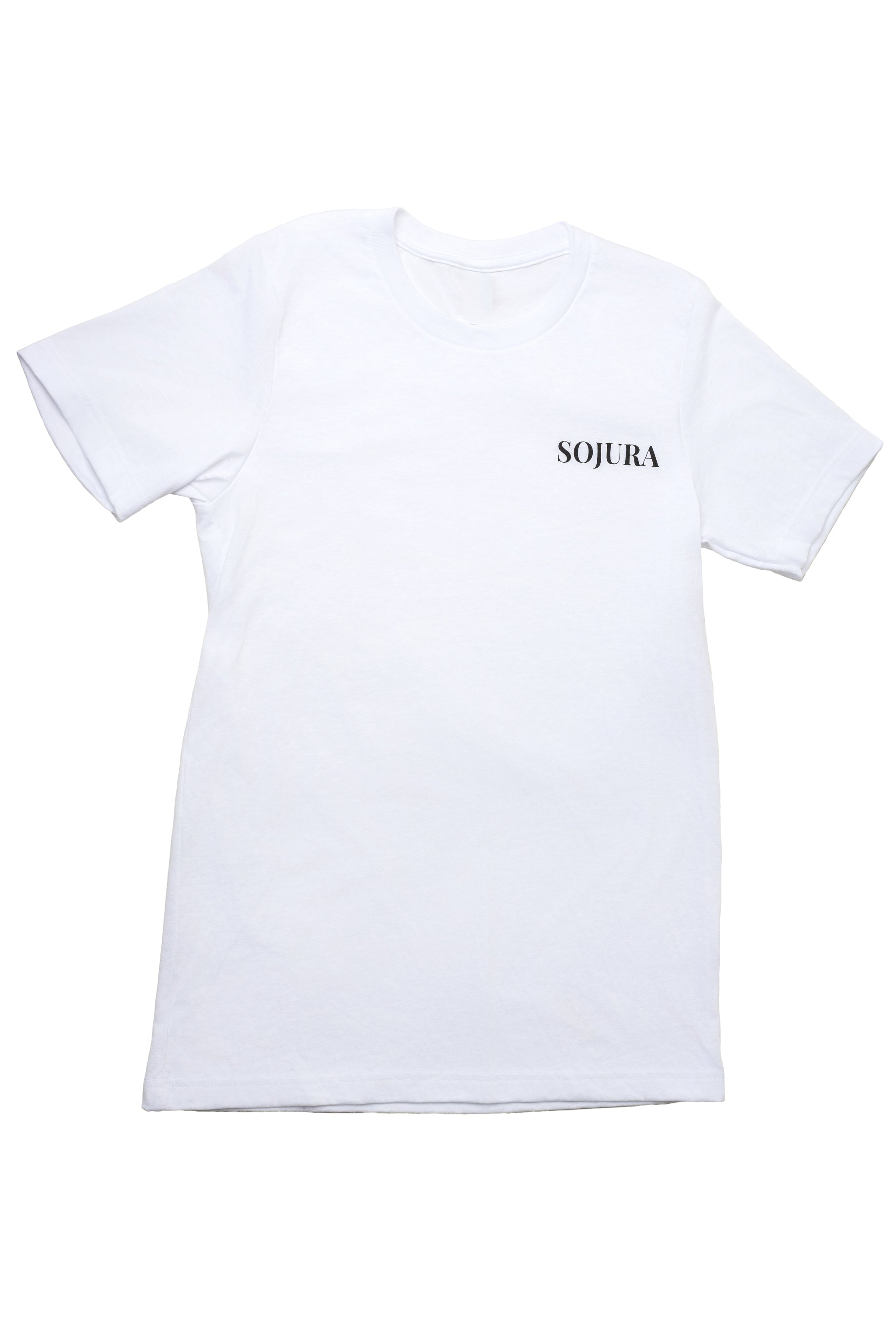 front of a white t-shirt with sojura logo on the left breast
