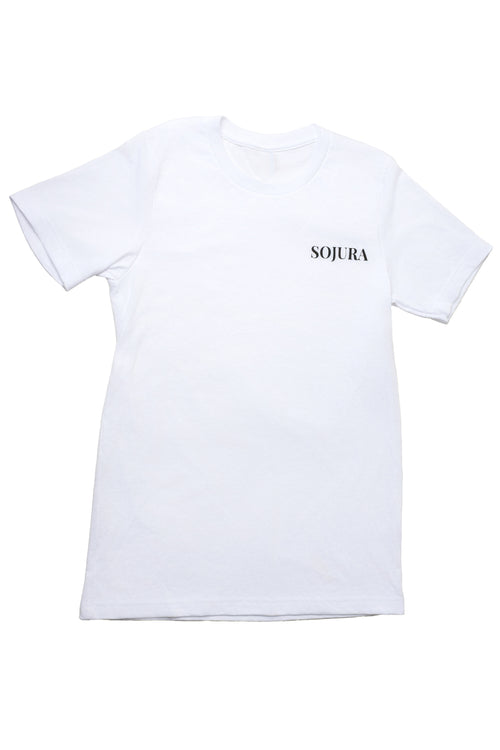 front of a white t-shirt with sojura logo on the left breast